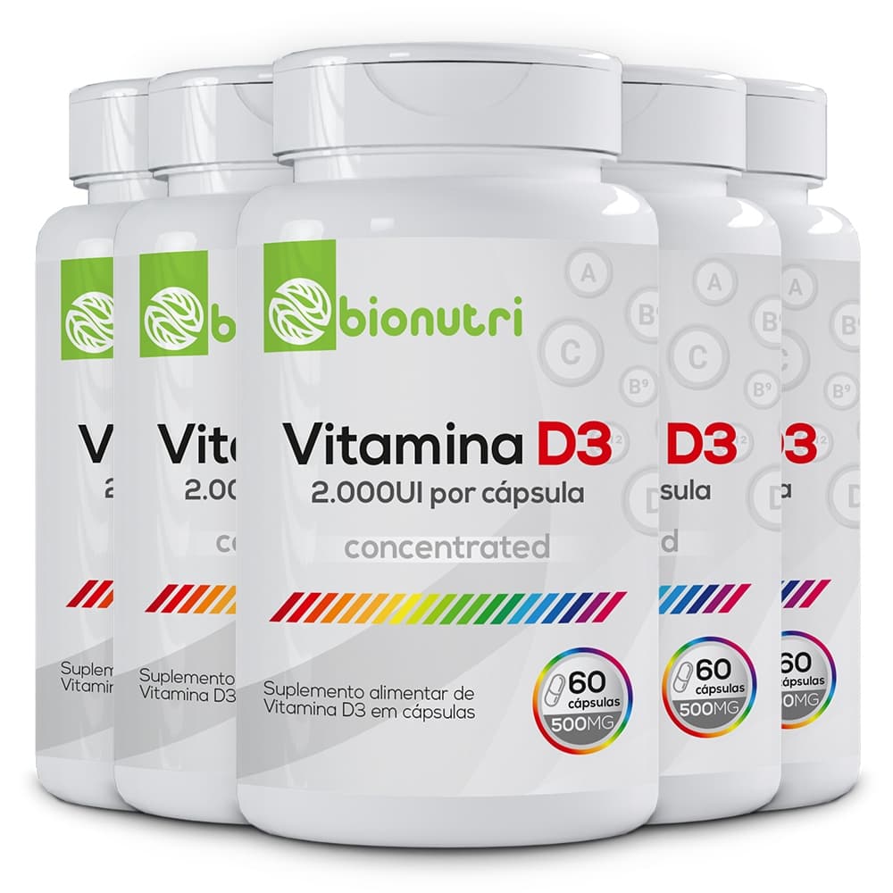 Kit 5x Suplemento Alimentar em cápsulas Vitamina D3 2.000ui 500mg (60 cápsulas) - Bionutri