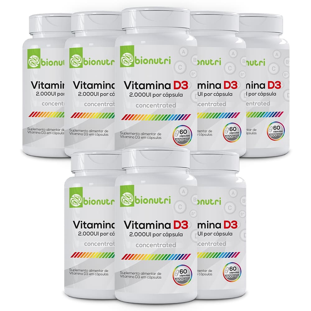Kit 8x Suplemento Alimentar em cápsulas Vitamina D3 2.000ui 500mg (60 cápsulas) - Bionutri