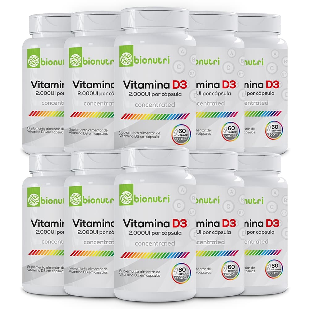 Kit 10x Suplemento Alimentar em cápsulas Vitamina D3 2.000ui 500mg (60 cápsulas) - Bionutri