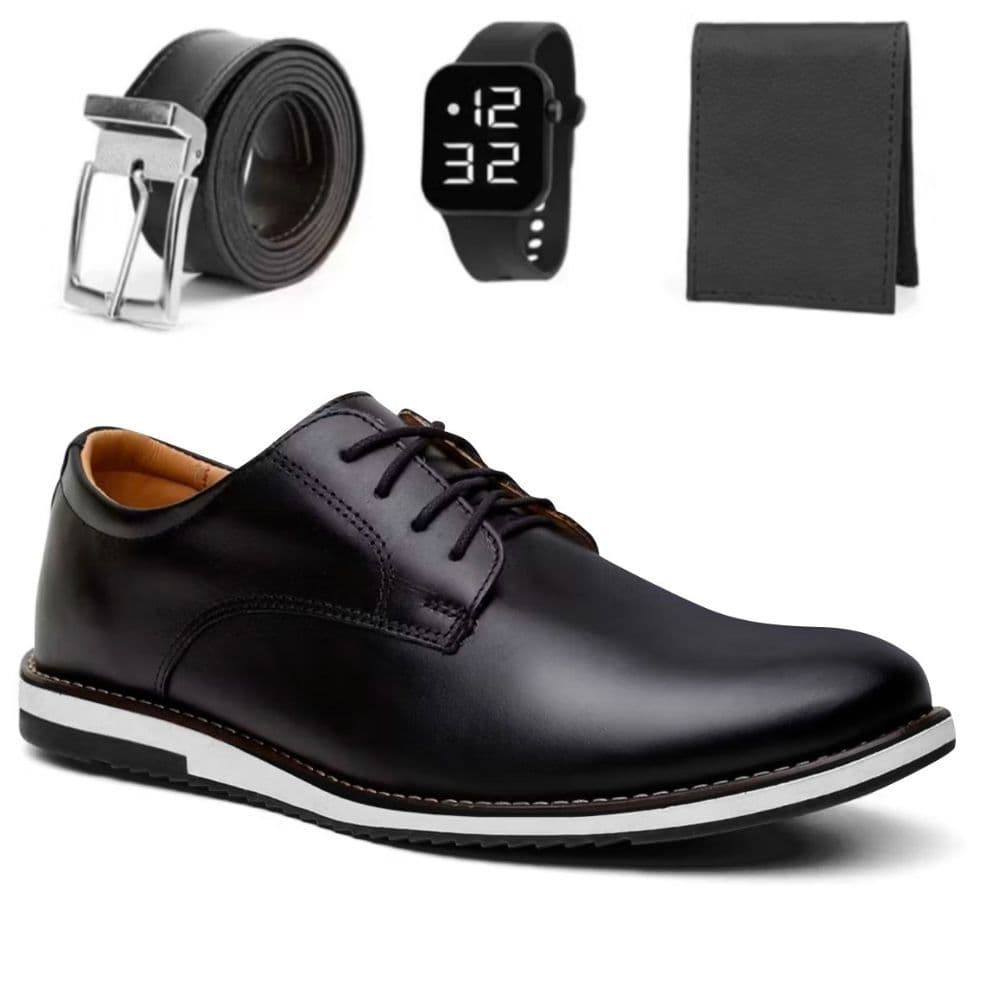 Kit Sapato Oxford Masculino Social Elegante de Couro Nobre Macio Com Solado Leve Confortável + Cinto Carteira e Relogio