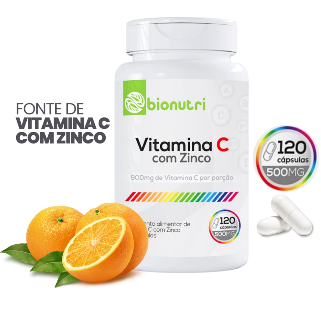 Vitamina C + Zinco 120 Cápsulas 500mg Bionutri Antioxidante Suplemento Alimentar Para Saúde Da Pele