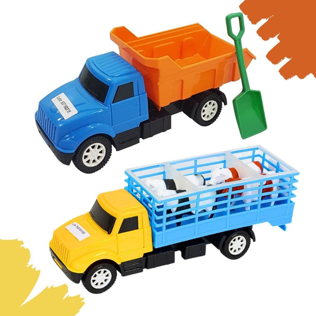 Kit 2 Brinquedos Caminhão Com Pá + Caminhão 4 bois Menino Carrinho Fazendinha Presente Brincadeira Infantil Transporte