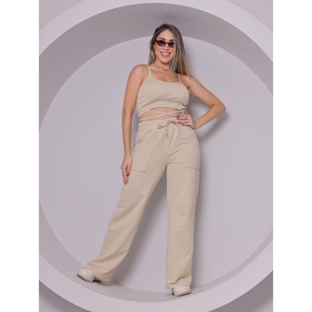 Conjunto Moletom Feminino Blusa Cropped Regata e Calça Cargo W2