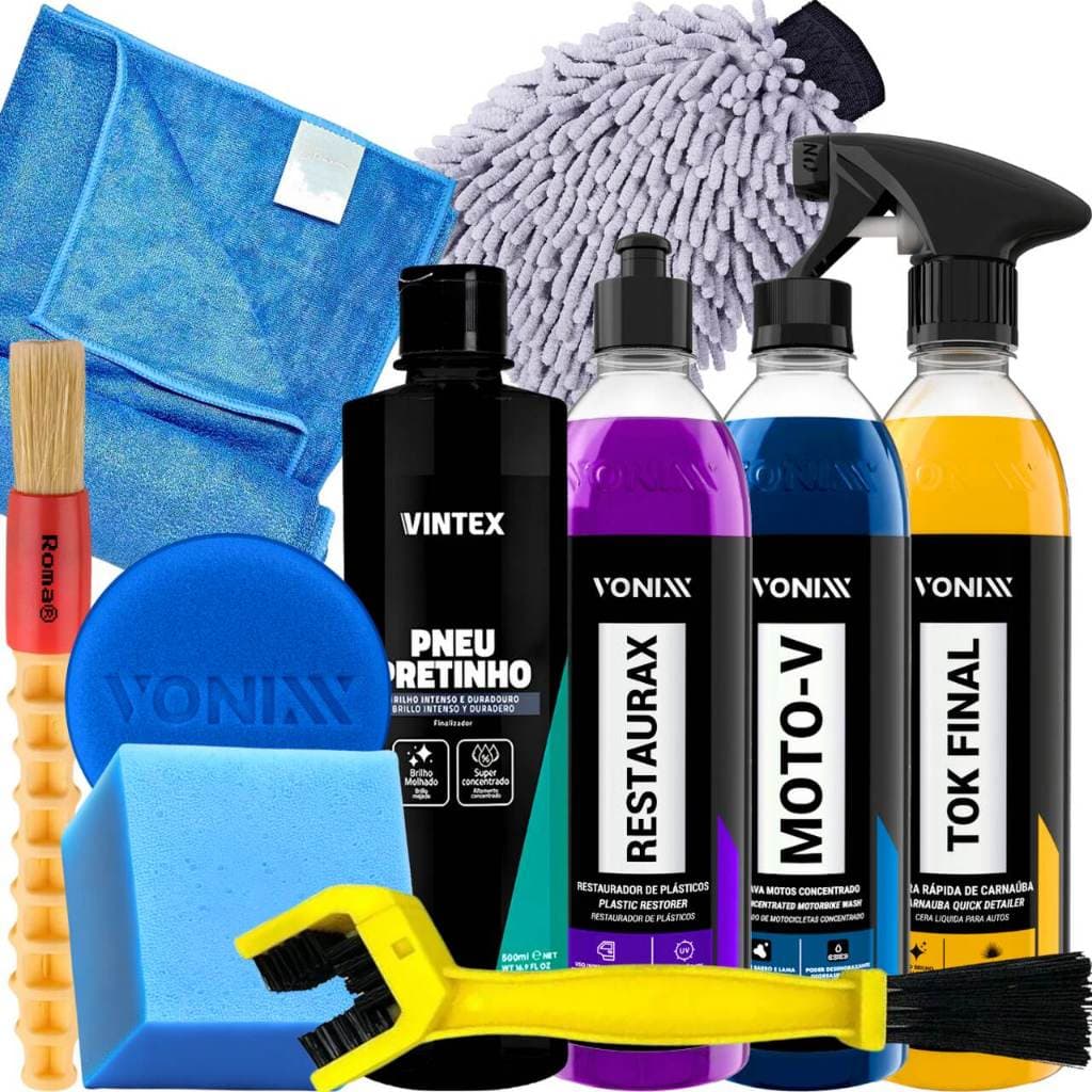 Kit para Lavar Moto Tok Final Moto-V Restaurax Pneu Pretinho Vonixx