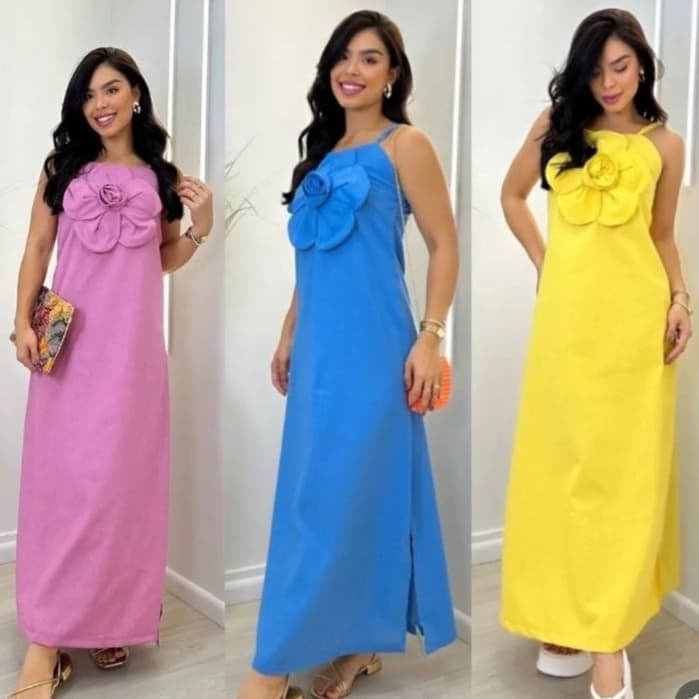 Vestido longo feminino flor no busto tendência verão elegante sofisticado