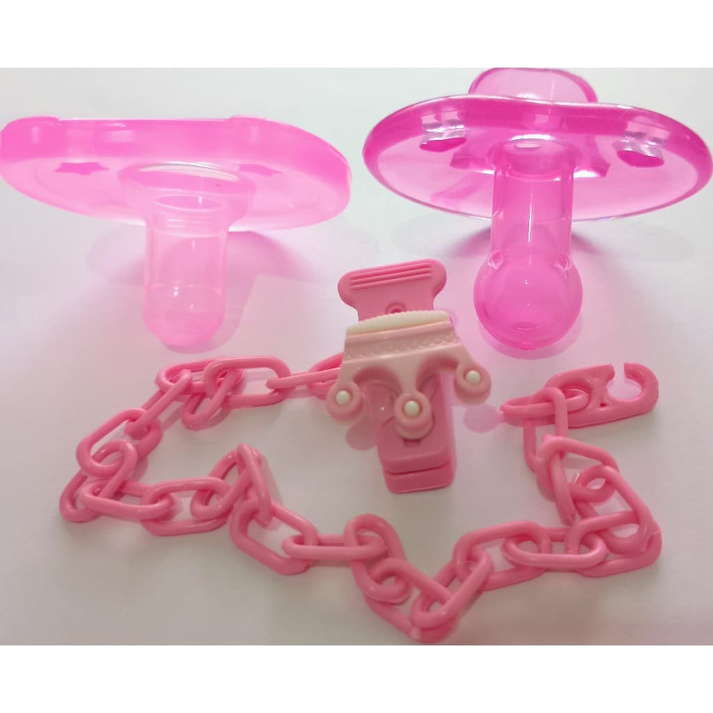 Kit 2 Chupeta de SILICONE + 2 prendedor de chupeta (pingente de desenhos sortidos) ROSA