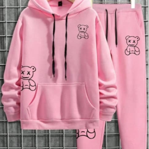 Conjunto Moletom + Calça Moletom Bolsos Capuz Urso Smile Streetwear Algodão Confortavel Casual