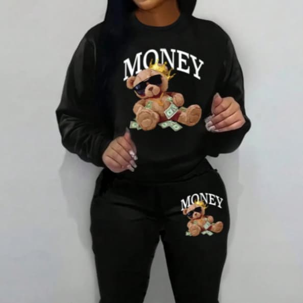 Conjunto Moletom Gola Redonda Calça Moletom Feminino Urso Money Streetwear Inverno Casual Forrado