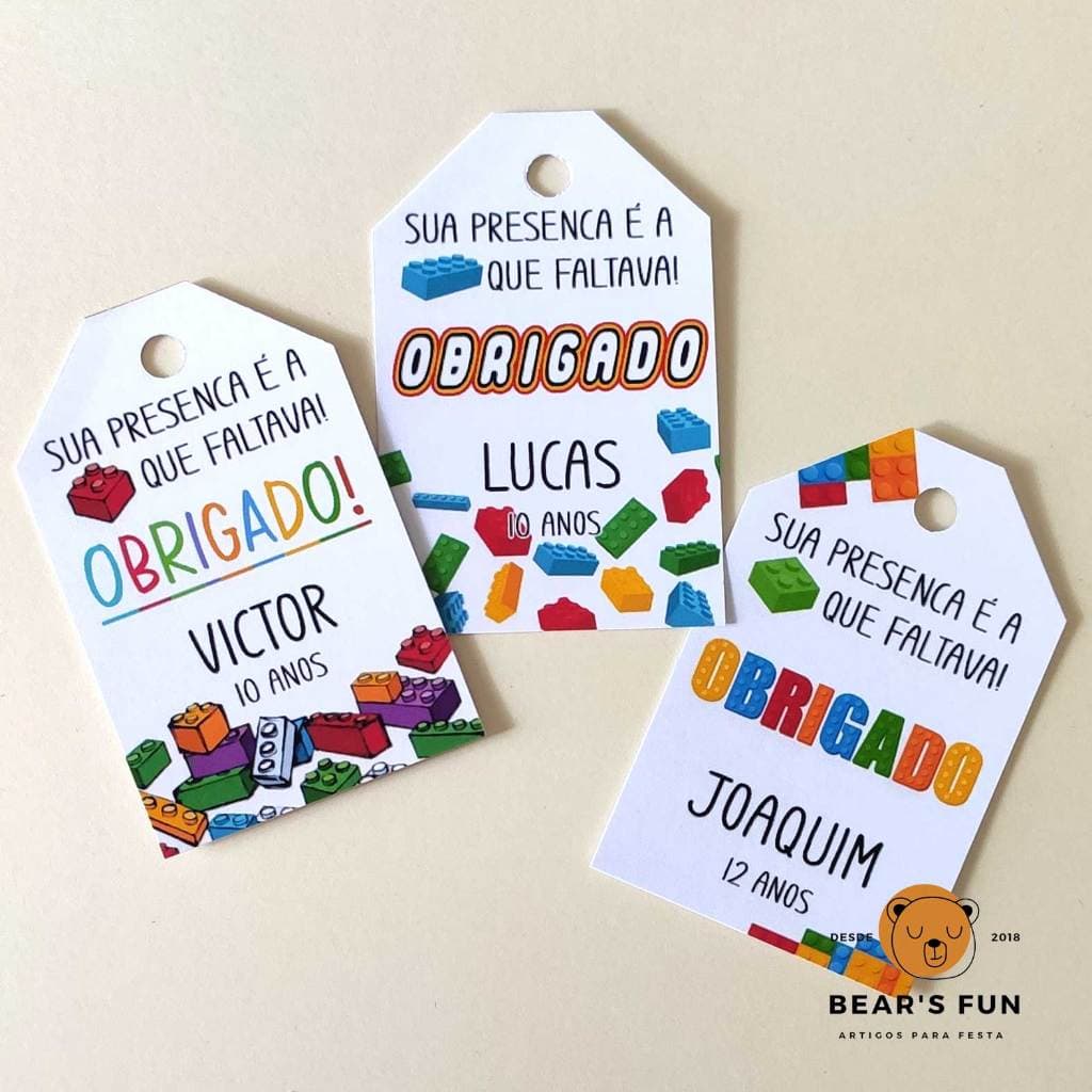 TAG Lembrancinha Lego Bloco de Montar • Cartão Agradecimento com Nome e Idade • Festa•Aniversário•Personalizado
