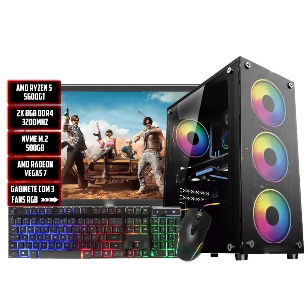PC Líder Gamer Ryzen 5 5600GT, 16GB DDR4, Nvme 500GB, Monitor AOC 21,5 100HZ, Teclado, Mouse Gamer