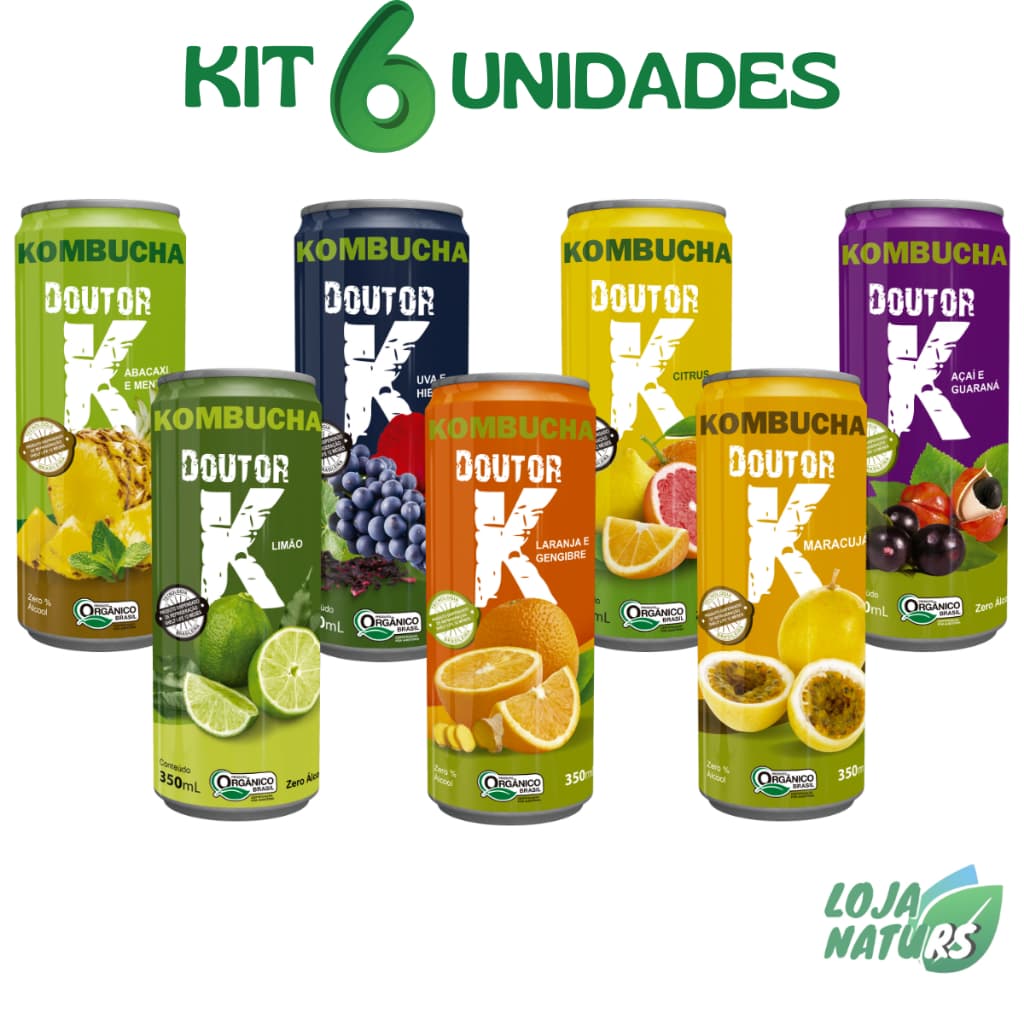 KIT 6 Kombucha Bebida Orgânica Refrigerante Vegano Lata 350ml - Doutor K