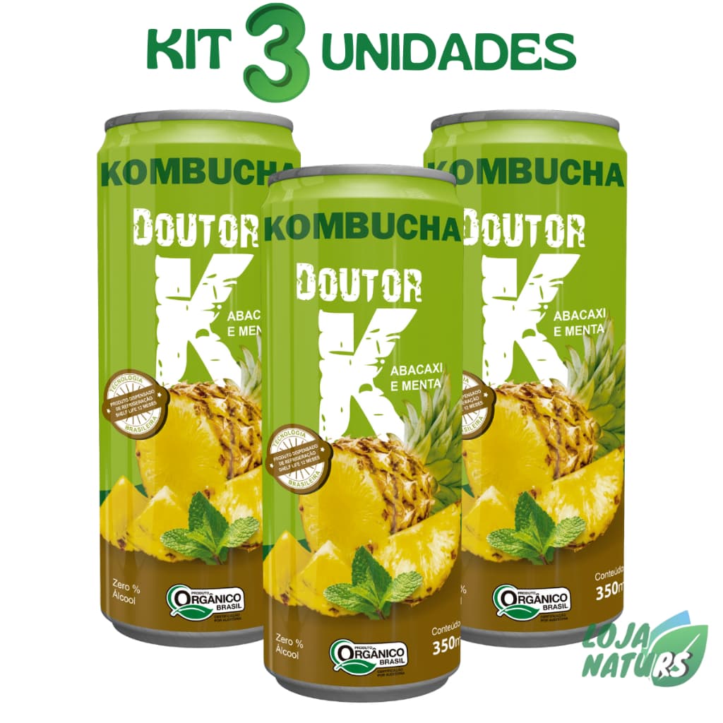 KIT 3 Kombucha Bebida Orgânica Refrigerante Vegano Lata 350ml - Doutor K