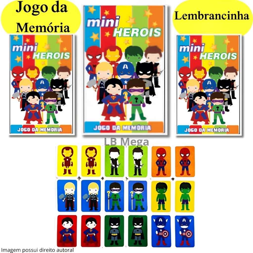 Kit com 3 até 30 Caixinhas Jogo da Memória Heróis Brinquedo Educativo para Crianças e Festas