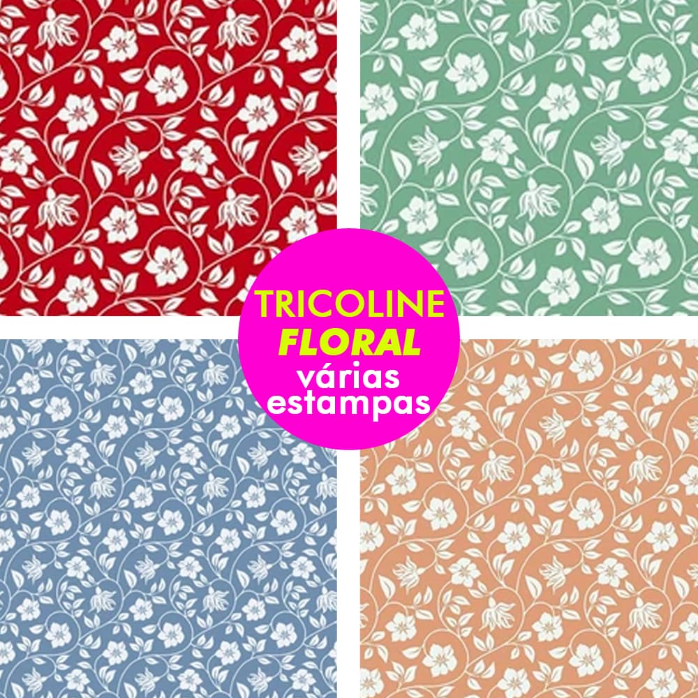 Tecido Tricoline 100% Algodão Floral 50cm x 1,50m Premium para Patchwork