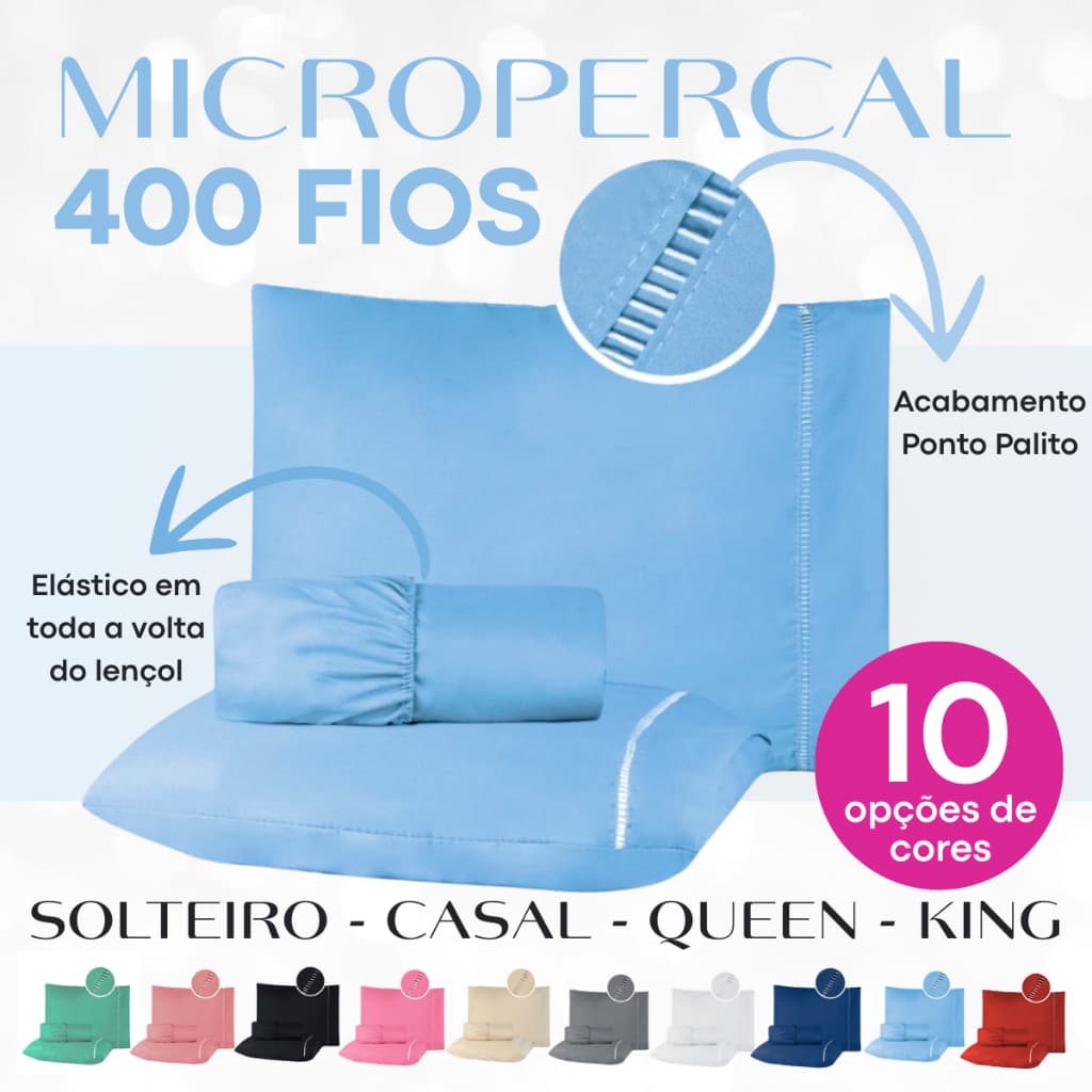 KIT Jogo de Lençol Micropercal Ponto Palito Cama Box - 3 Peças - Berço Solteiro Casal Queen e King