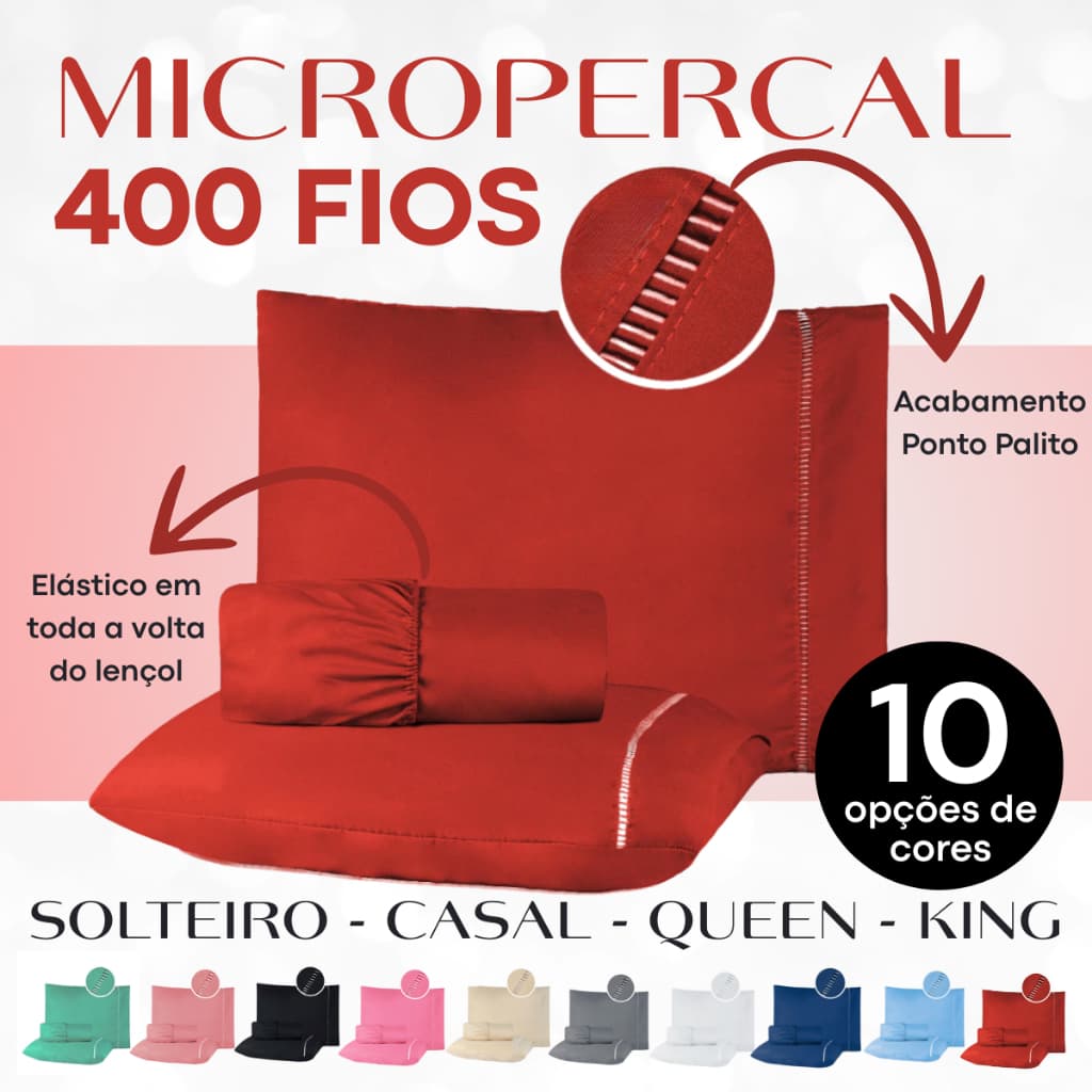 KIT Jogo de Cama - Lençol Box Micropercal Ponto Palito 400 Fios Berço Solteiro Casal Queen e King