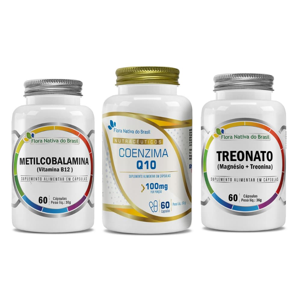 Kit de Suplementos Alimentares CoenzimaQ10 + Treonato + Vitamina B12 (60 cáps) - Flora Nativa