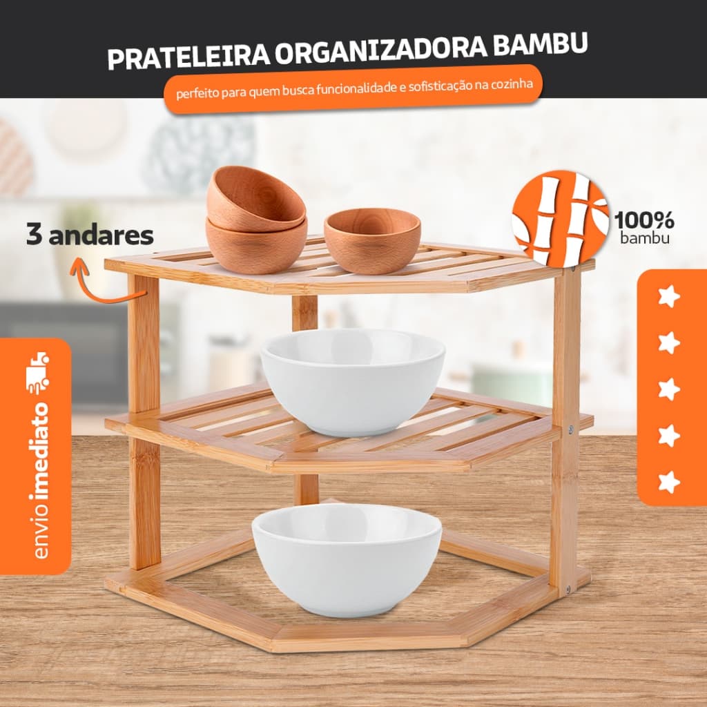 Prateleira Organizador Tripla Em Bambu Multiuso- Bhz Store