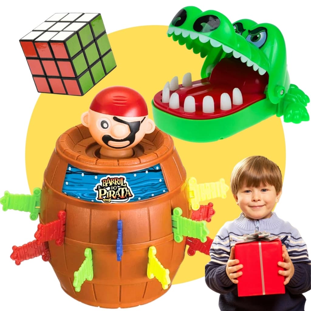 Kit Jogos Pula Pirata Grande + Crocodilo Morde Dedo + Cubo Magico Diversão em Família