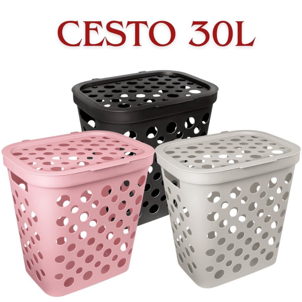 Cesto Telado 30 L C/ Tampa e Alça Para  Roupa Suja Banheiro