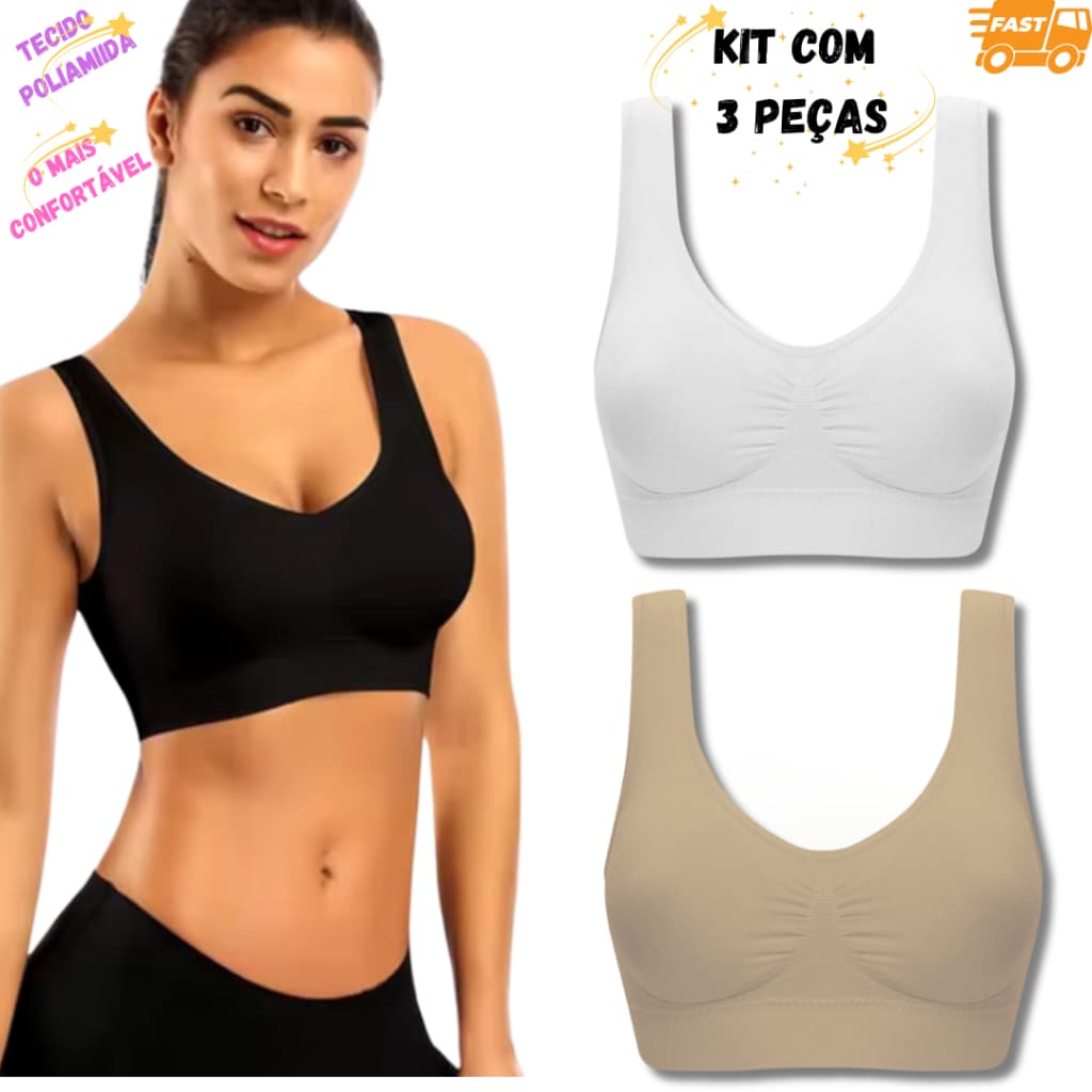 Kit 3 Tops COM BOJO, SEM COSTURAS, Alça Larga, Tecido Poliamida Confort Sem Aro Uso Diário Dormir Fitness Cores Sortidas