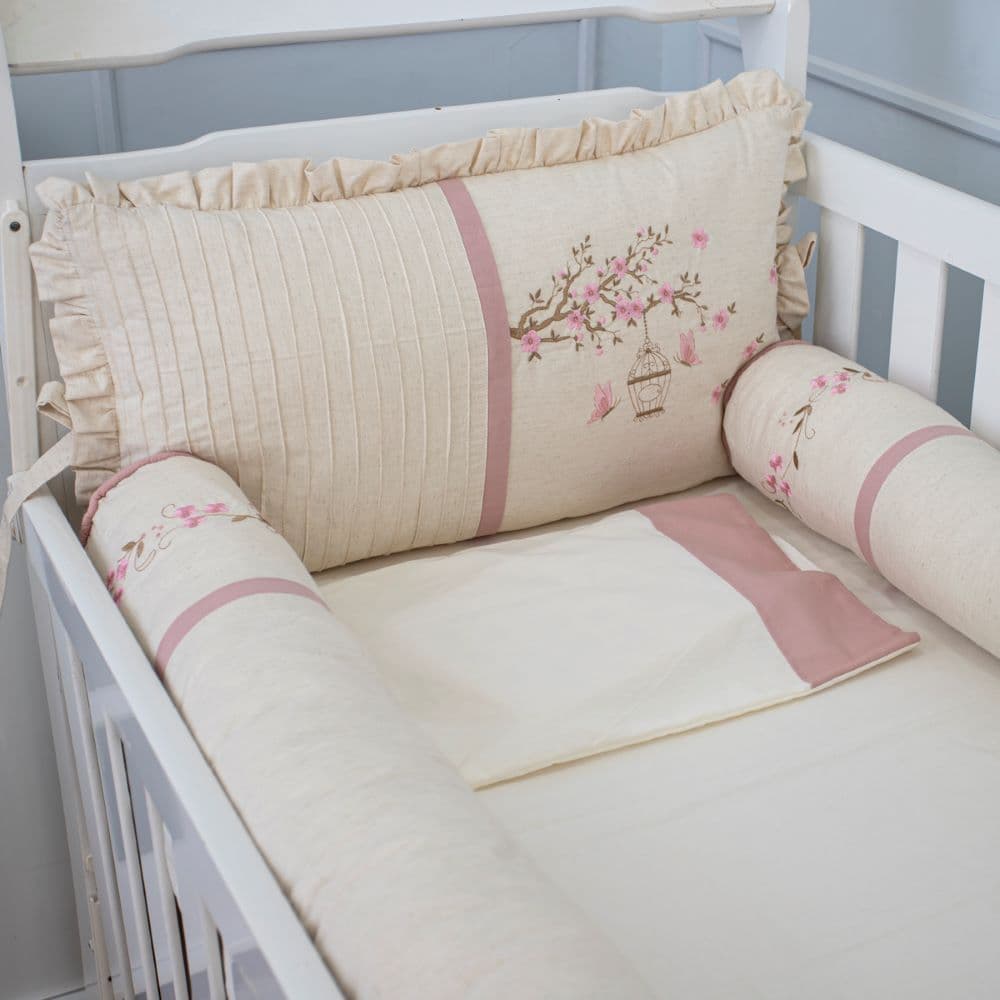 Kit Berço Linho Luxo Bordado Americano 100% Algodão  Menina e Menino Enxoval de Bebe 5 Pçs