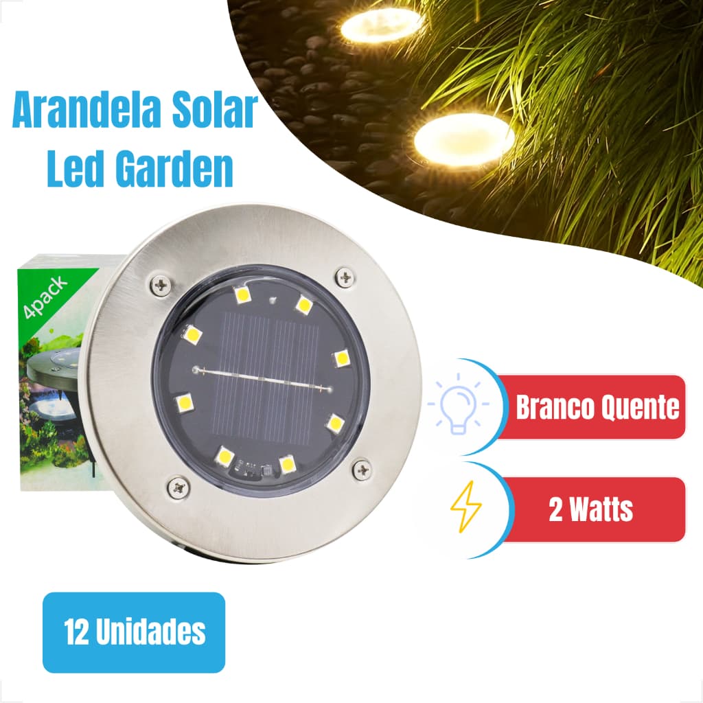 KIT 4-12 Luminária Balizador Led Solar Espeto Branco Quente 3000K Metal Jardim Chão Redondo 100LIMI