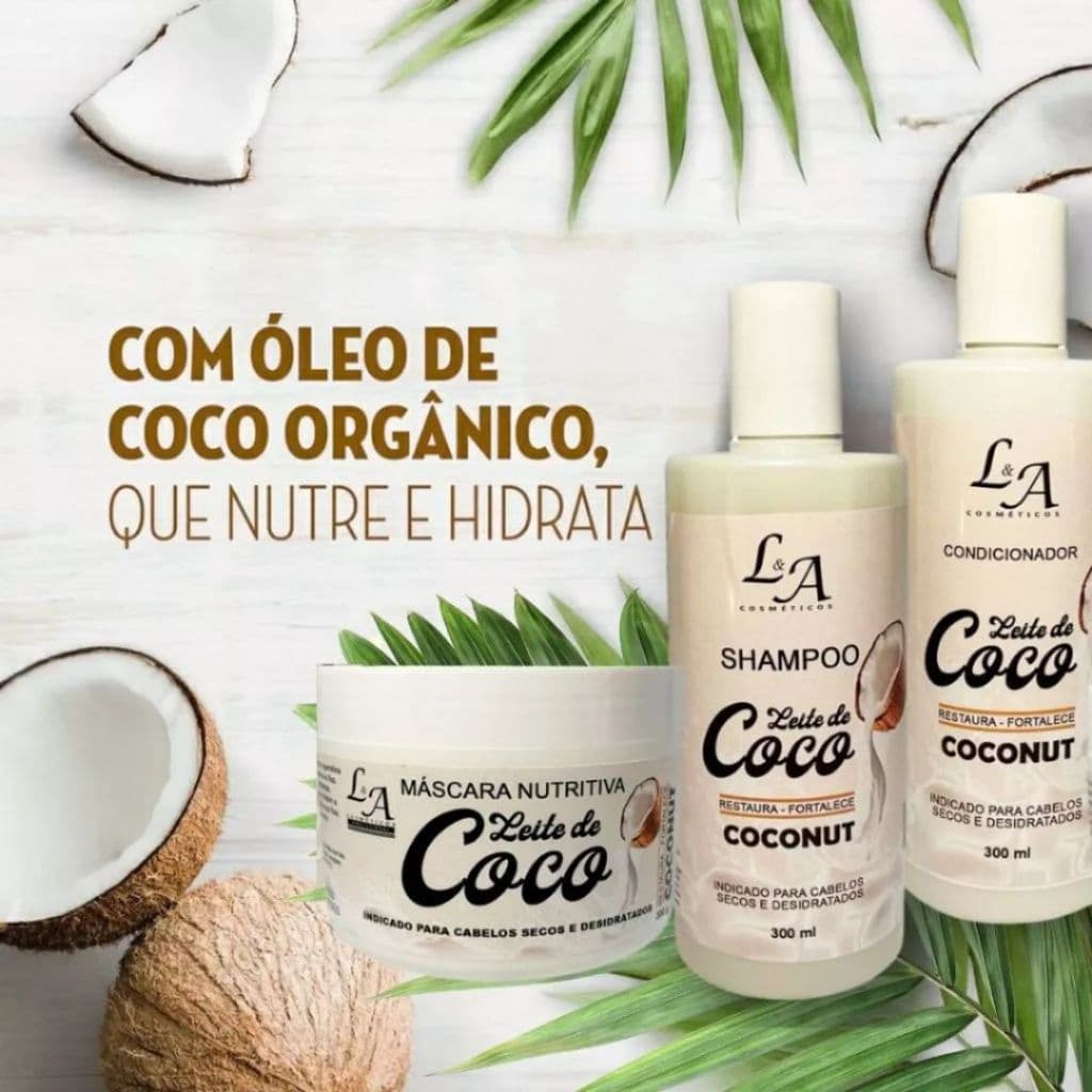 Combo Leite de Coco para Cachos Definidos Shampoo Condicionador e Máscara Fortalecedora Hidratante e Nutritiva
