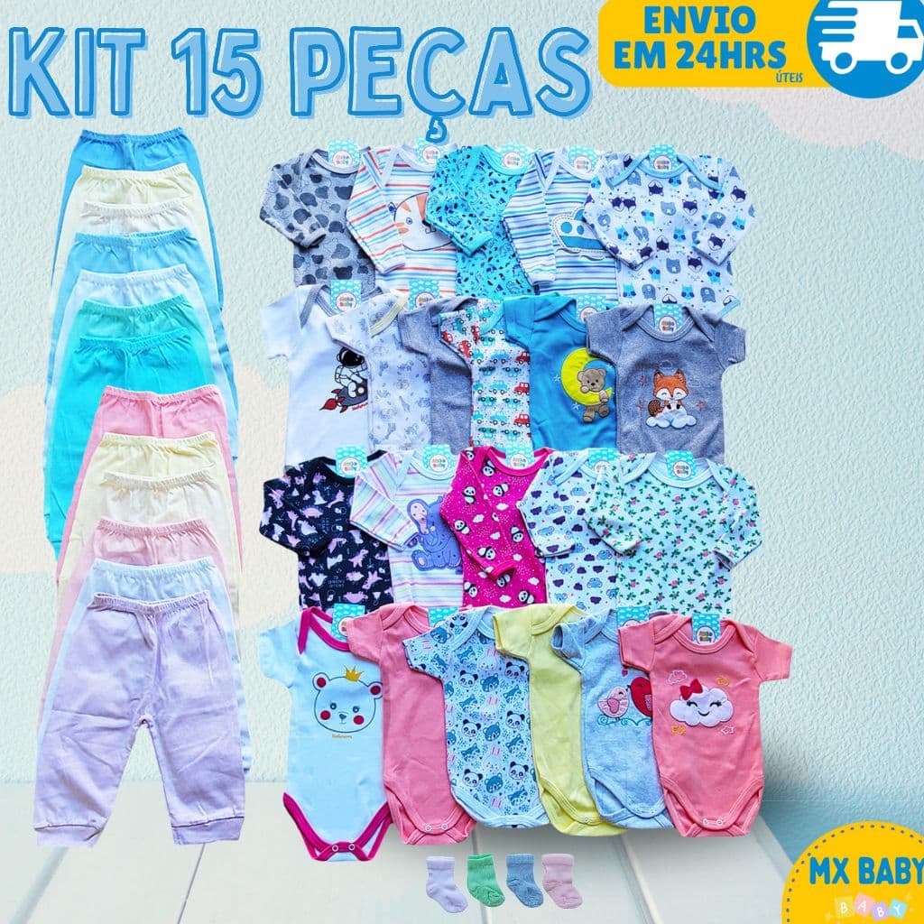 Kit 15 peças Enxoval Bebê Menina Menino Body Calça Mijão Meia 100% Algodão Menino Menina
