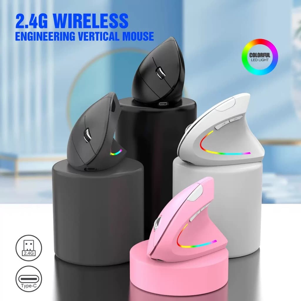 Mouse vertical sem fio 2.4G recarregável ergonômico vertical mouse 3 níveis de DPI ajustáveis ​​RGB Streamer KA-6660
