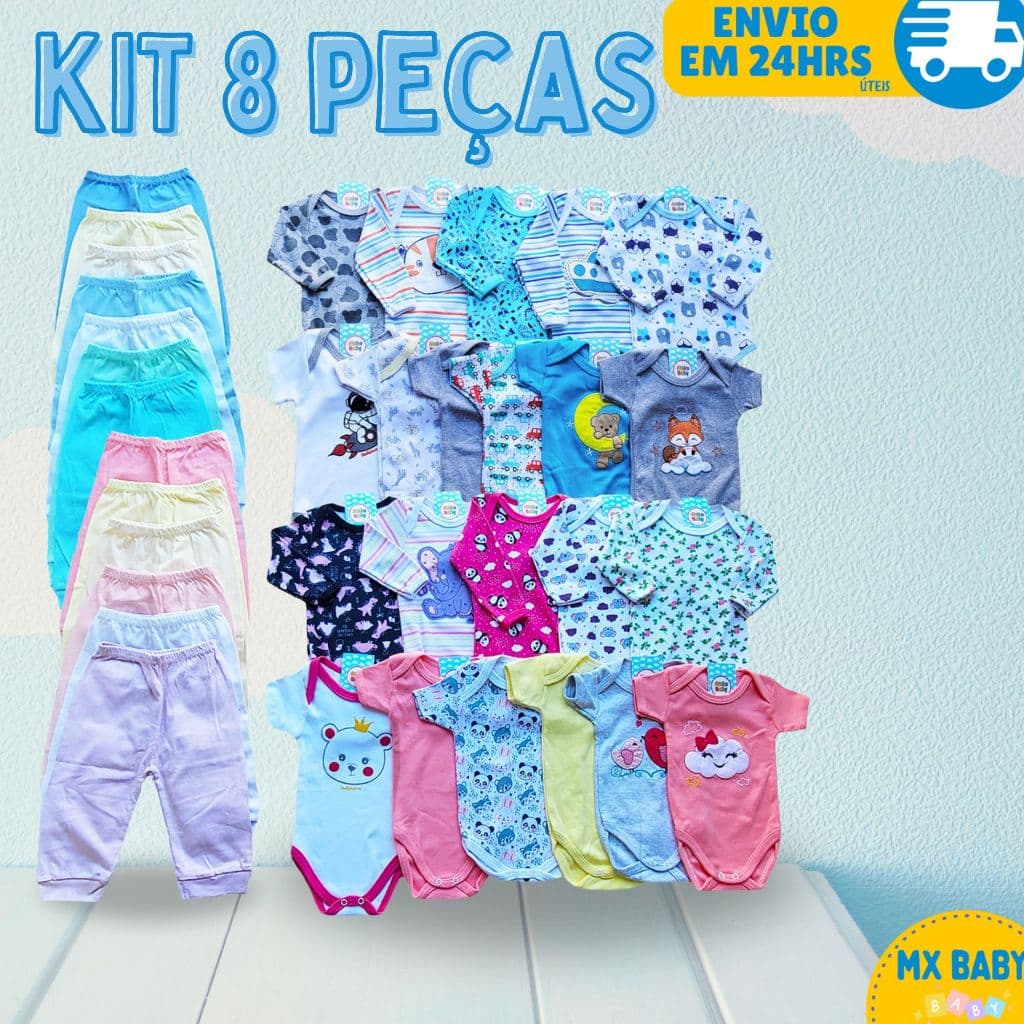 Kit 8 Peças Enxoval Roupinhas De Bebê Menino Menina Body Calça Mijão 100% Algodão