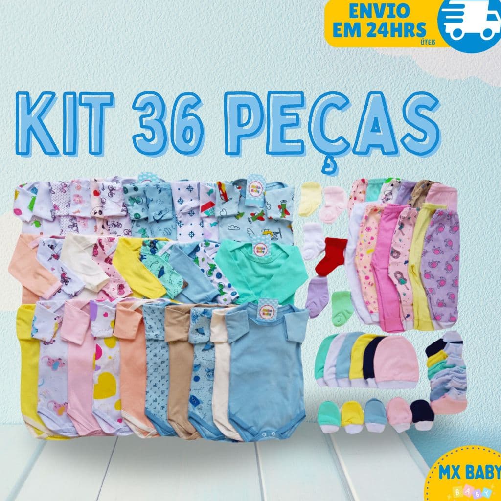 Kit 36 Peças Enxoval Completo Menino Menina Bebê Recém Nascido 100% Algodão