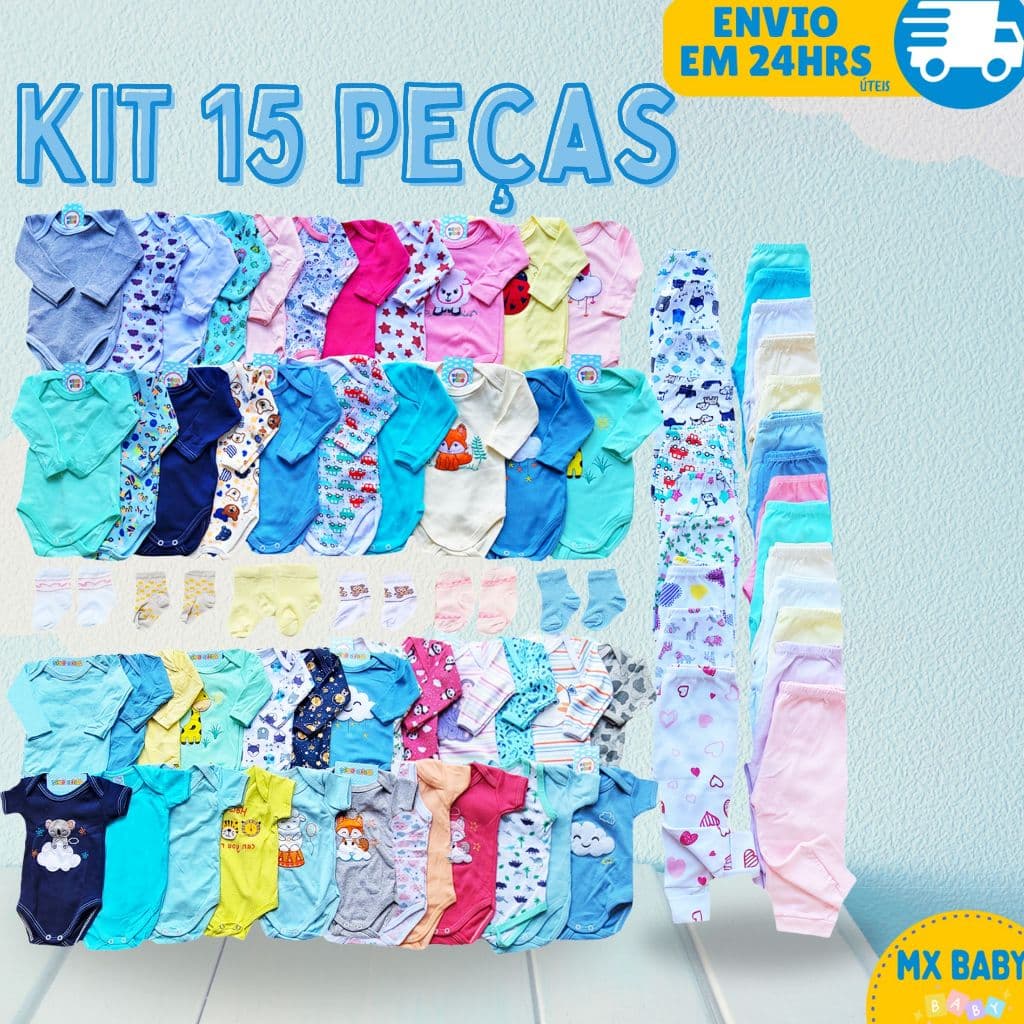 Kit 15 Peças de Recem Nascido Enxoval Roupa de Bebe 100% Algodão Maternidade