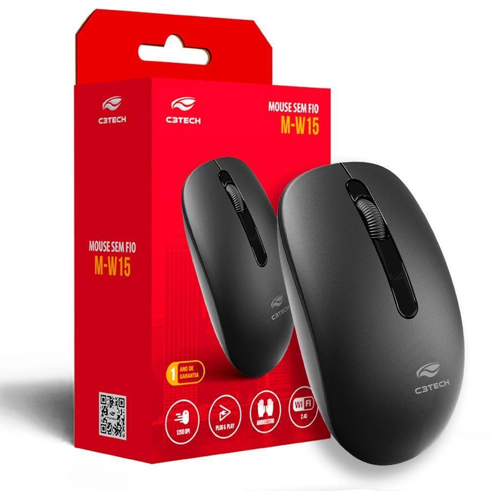 Mouse Sem Fio 2.4GHz 1200 DPI M-W15BK C3Tech Plug And Play Preto