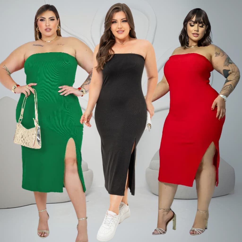 Kit 2 Vestidos Feminino Midi Plus Size Feminino Tomara Que Caia Com Fenda Tubinho Canelado Anarruga