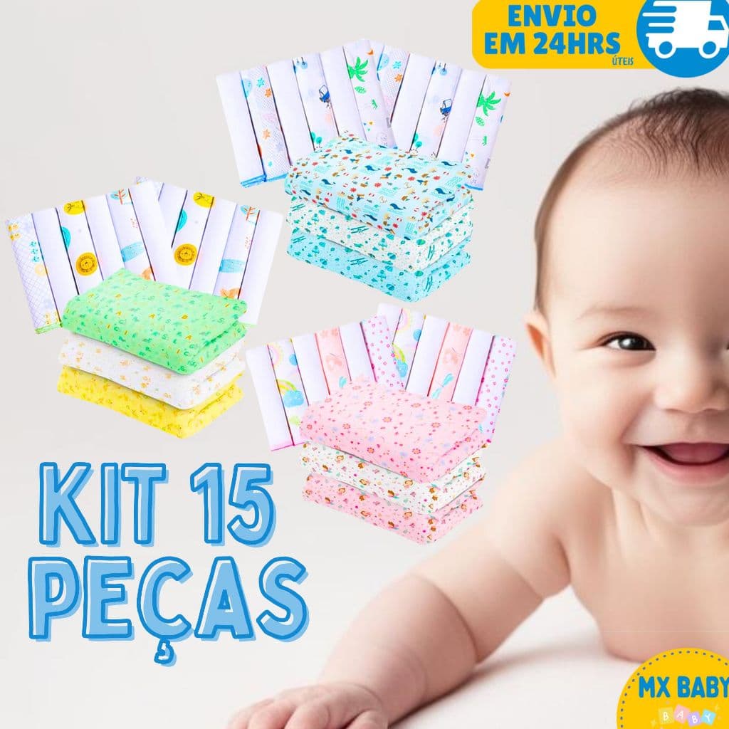 Kit 15 Peças Enxoval Bebê 3 Cueiros Flanelado Liso Estampado 12 Paninhos De Boca Estampado