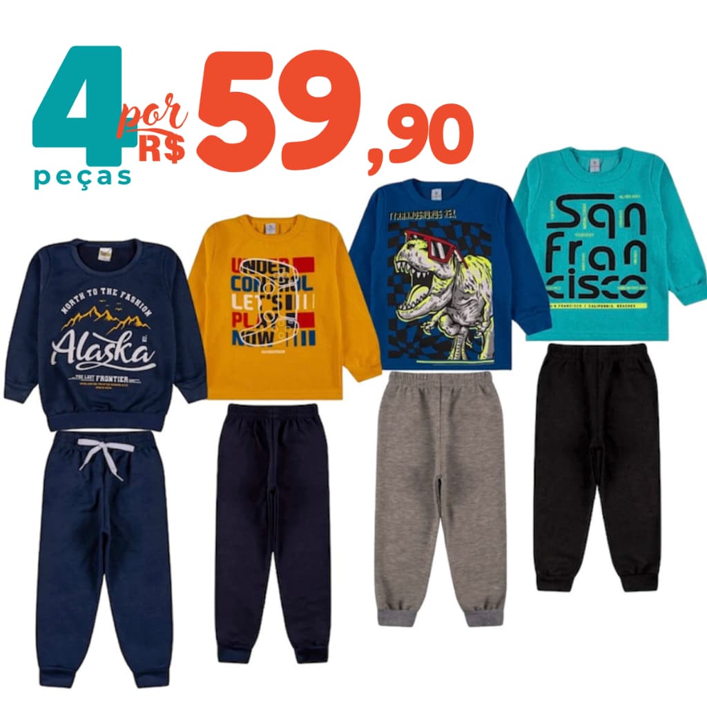 Kit 4 Peças Conjunto Moletom Infantil Menino Inverno Casaco e Calça Peluciado Agasalho Flanelado