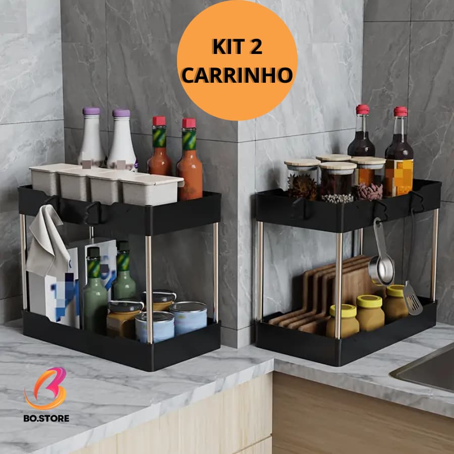 KIT 2 Carrinho Organizador de Mesa de Plástico 2 Andares Banheiro Cozinha Lavanderia Quarto