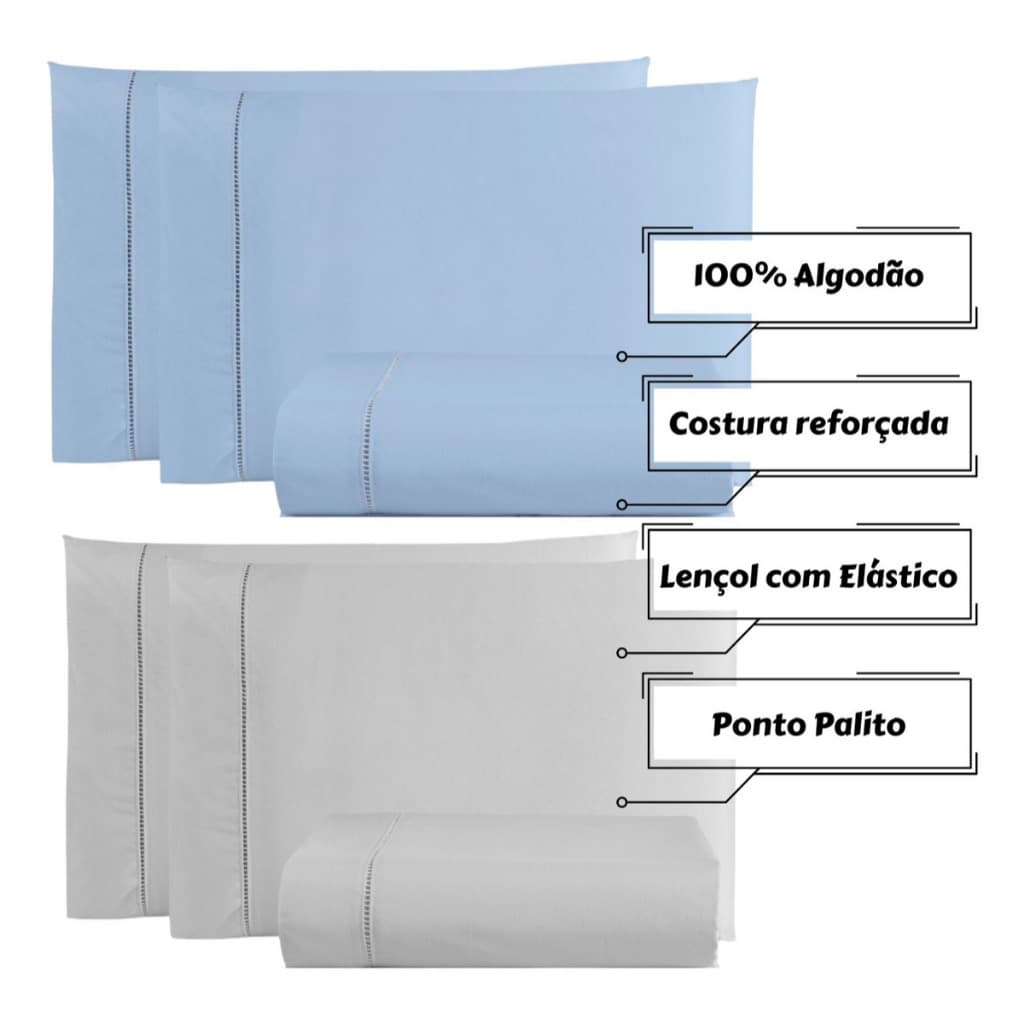 Kit 2 Jogo de Lençol 100% algodão 200 fios com Ponto Palito Solteiro, Casal, Queen e King