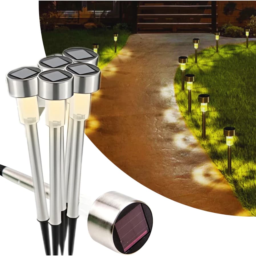 Kit 10-40 Luminárias Solar Balizador Espeto LED 1,2v Chão Prata Decoração Branco QuenteFrio/RGB LIMI