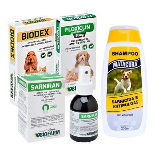 Kit Sarniran 100ml + Floxiclin 50mg + Biodex + Shampoo Matacura Sarnas Dermatite para Cães e Gatos