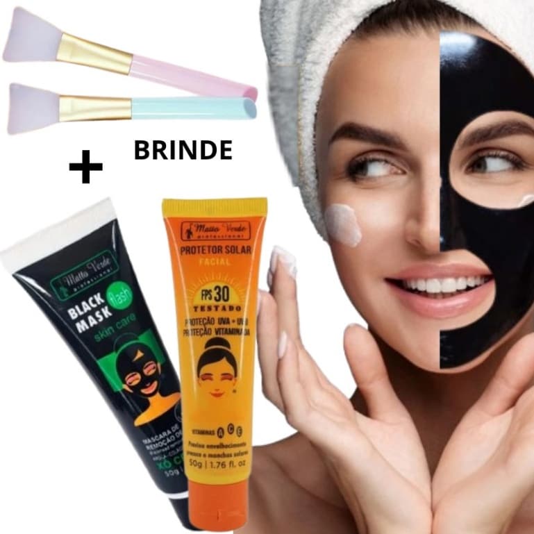 Matto Verde Kit Com 2 1- Máscara Black Mask Flash Tira Cravos e1- Protetor Solar FPS 30 Com Pincel