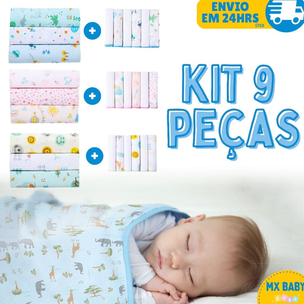 Kit 9 Peças Enxoval Bebe 3 Manta Cueiro Bebe Flanelado  6 Paninhos De Boca Estampada 100% algodão