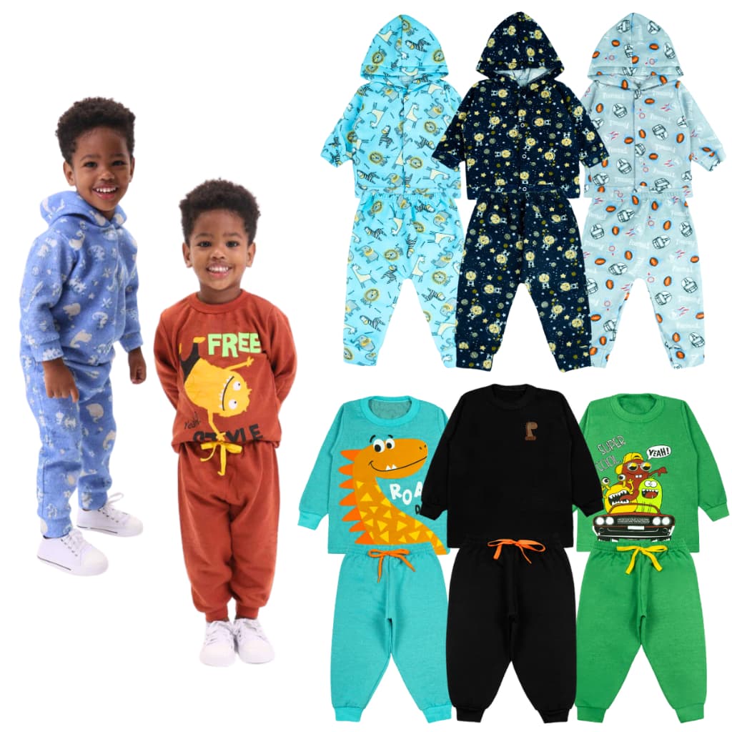 Kit 12 Peças Conjunto Inverno Para Bebê Misto Moletom e Soft Calça e Casaco (3 Conjuntos Moletom + 3 Conjuntos Soft)