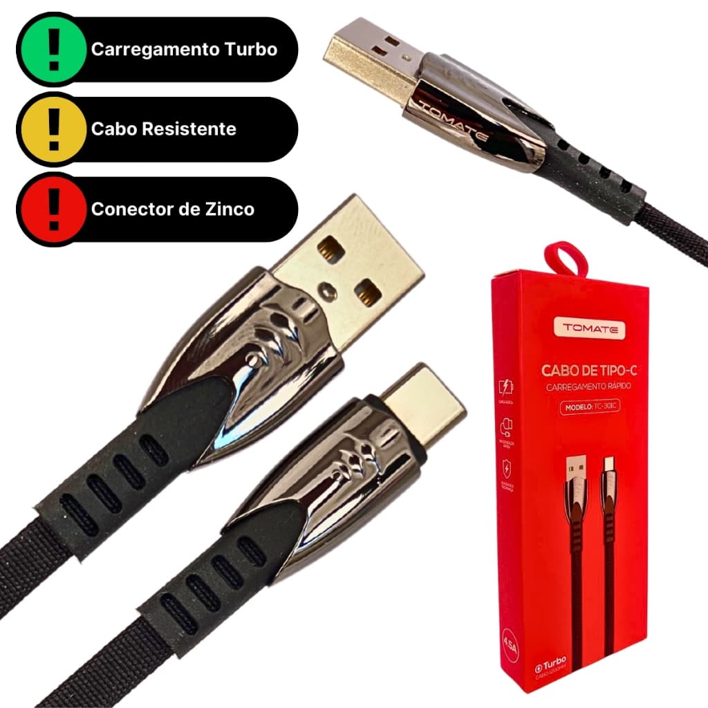 Cabo Turbo USB Tipo C Carregador Rápido 1,20m 4.5A Rápido Premium USB-C Type C