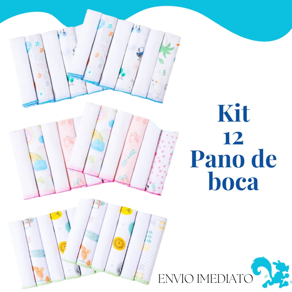 Kit 12 Pano de Boca Bebê 100% Algodão 30x30cm Paninho Fralda de Boca Enxoval Bebê