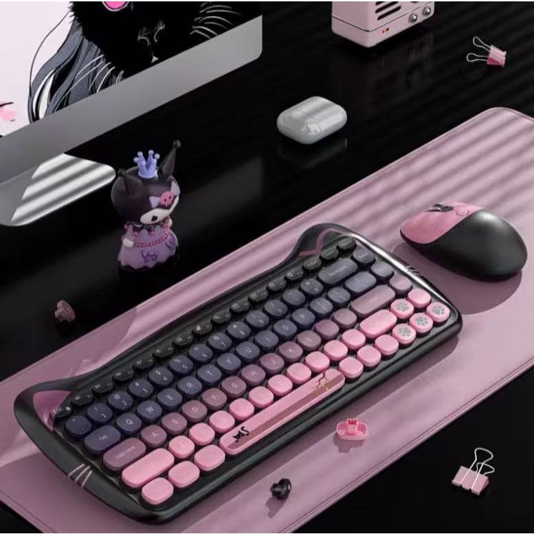 Kit Teclado Com Mouse E Mouse Pad Formato Gatinho Fofo Colorido Sem Fio Para Pc Notbook