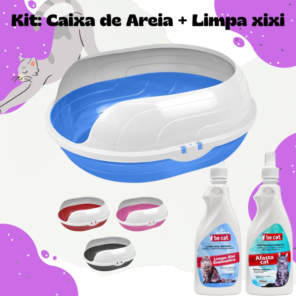 Caixa de Areia Sanitária Bandeja Higiênica Furba Com arco para Gato + Be Cat  Afasta Cat ou Removedor Limpa Xixi