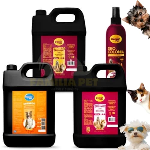 Shampoo + Condicionador Cereja e Avelã 5l + Shampoo Anti Pulgas + Colônia para Cães e Gatos Genial Pet Banho e Tosa