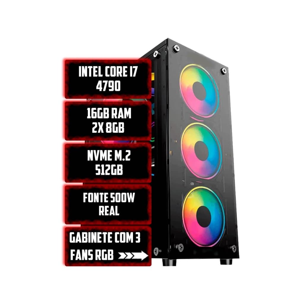 PC HOME OFFICE   INTEL CORE I7 4790 B85M 16GB NVME M.2 512GB 500W GABINETE RGB